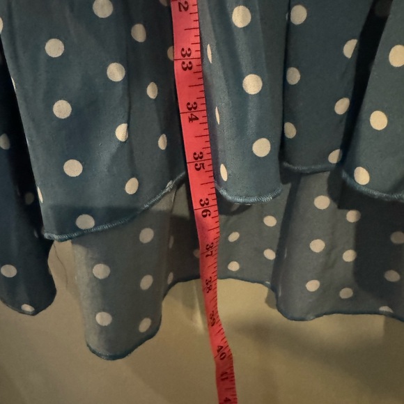 Pretty little polka dot dress in light blue model wearing camel Amazon purchase - Picture 5 of 7